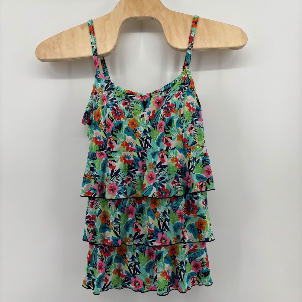 A Shore Fit! Thigh Solutions Swim Dress Top Multi Floral Women 22W Tiered Ruffle